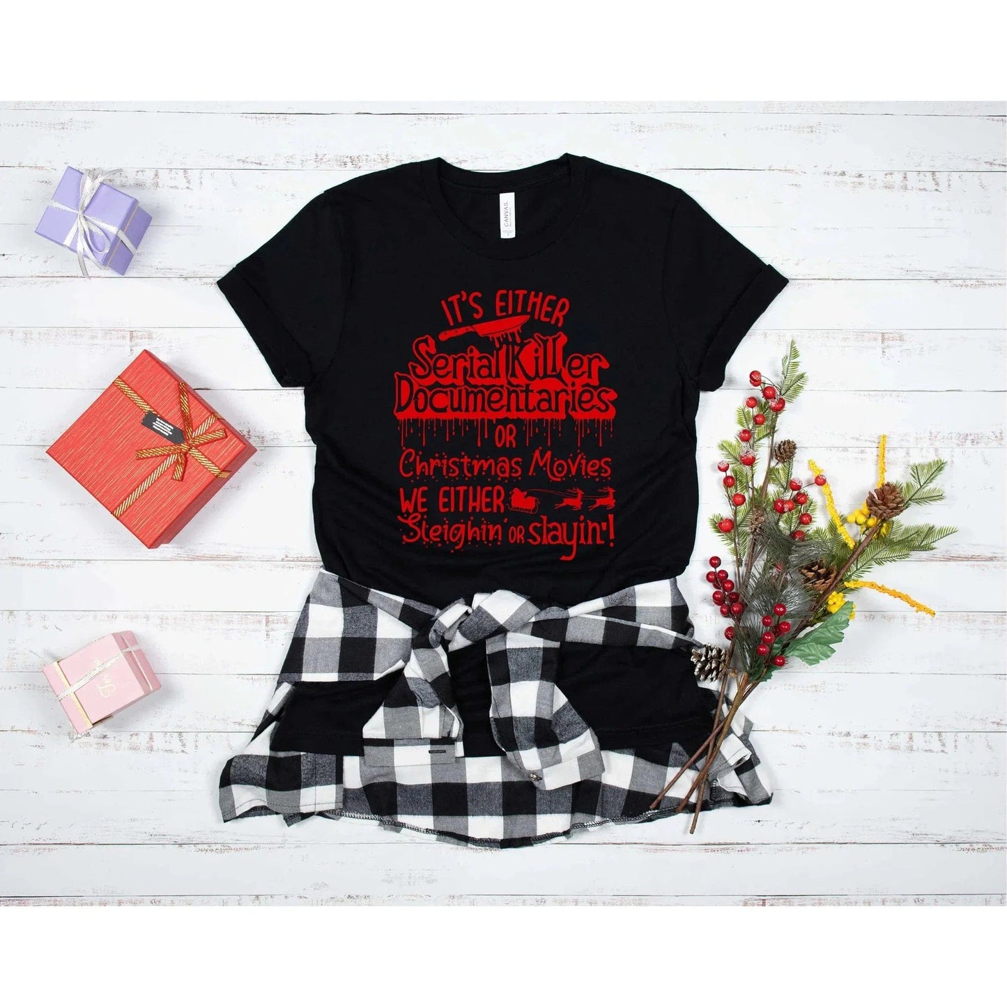 Full Size Serial Killer Documentaries or Christmas Movies Graphic Tee with color options