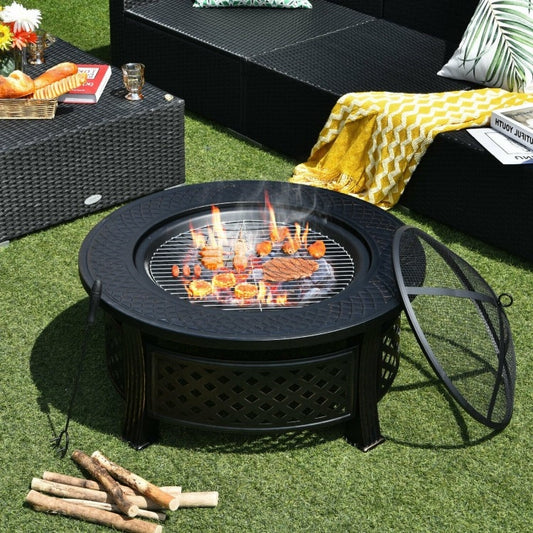 Chelsea Rustic Steel Outdoor Fire Pit with BBQ Grill with Poker and Mesh Cover