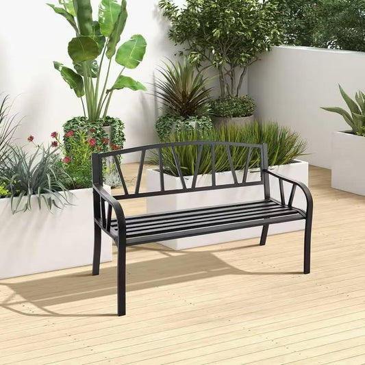 Black Metal 2-Person Outdoor Garden Bench with Armrest - 660 lbs. Max Weight