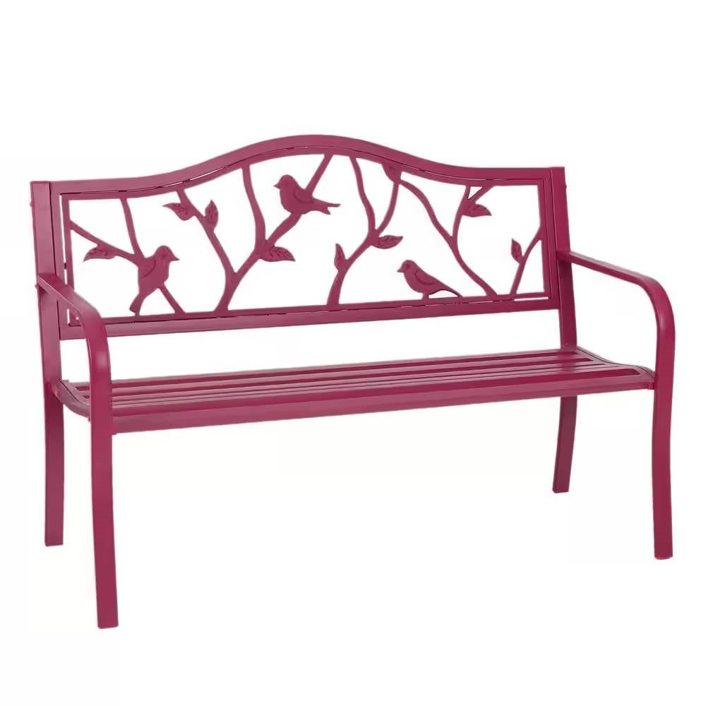 Red Steel Frame Outdoor Patio Garden Bench with Bird Branch Pattern Backrest