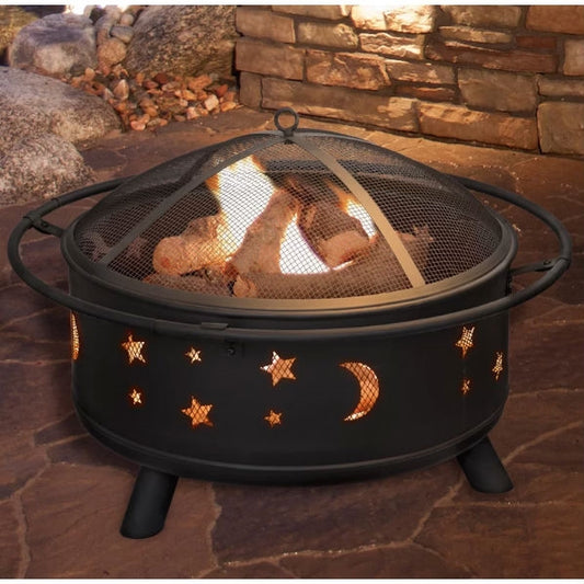 Mystical Heavy Duty Steel Metal Wood Burning Fire Pit with Moon and Stars Cutouts