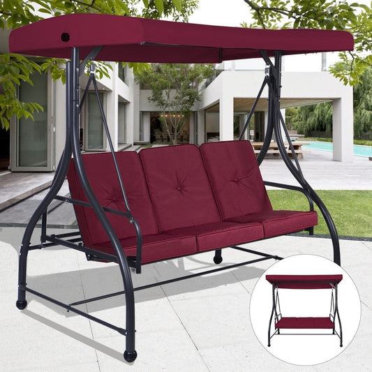 Dark Red Burgundy 3 Seat Cushioned Porch Patio Canopy Swing Chair