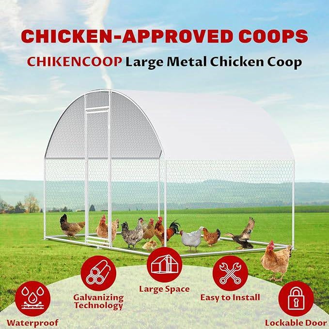 9.8 Ft x 6.6 Ft Outdoor Metal Chicken Coop with Dome Roof and Waterproof Cover