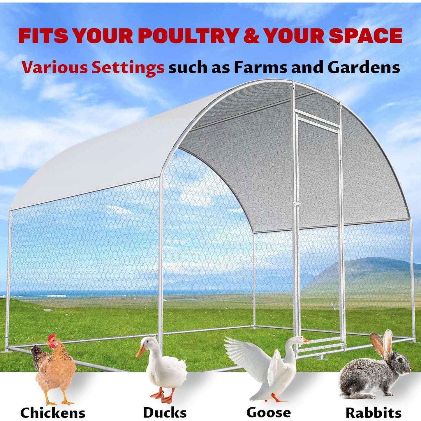 9.8 Ft x 6.6 Ft Outdoor Metal Chicken Coop with Dome Roof and Waterproof Cover