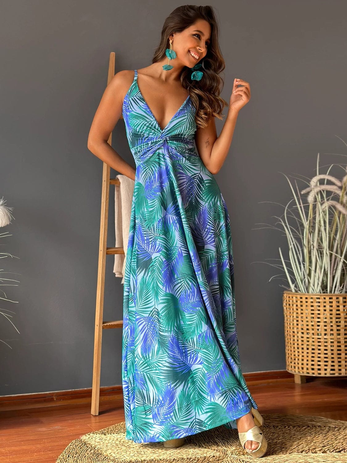 Full Size Twisted Printed V-Neck Cami Dress