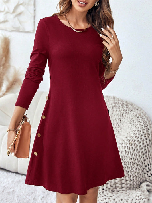 Round Neck Long Sleeve Mini Dress with Pockets