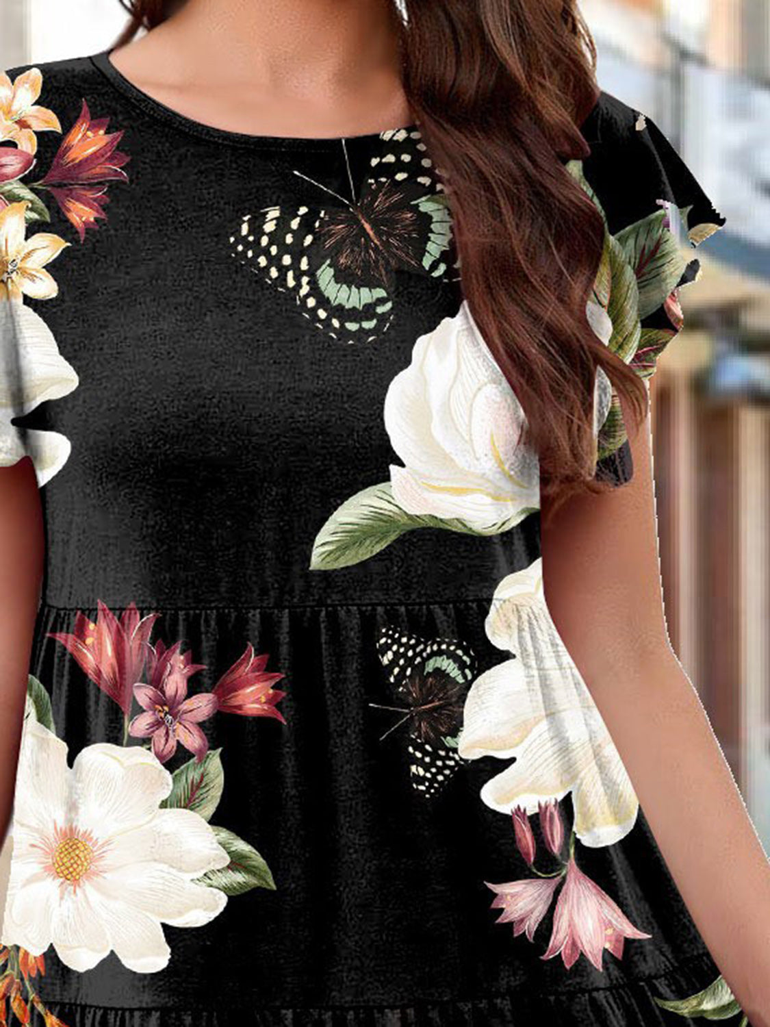 Printed Round Neck Tiered Dress