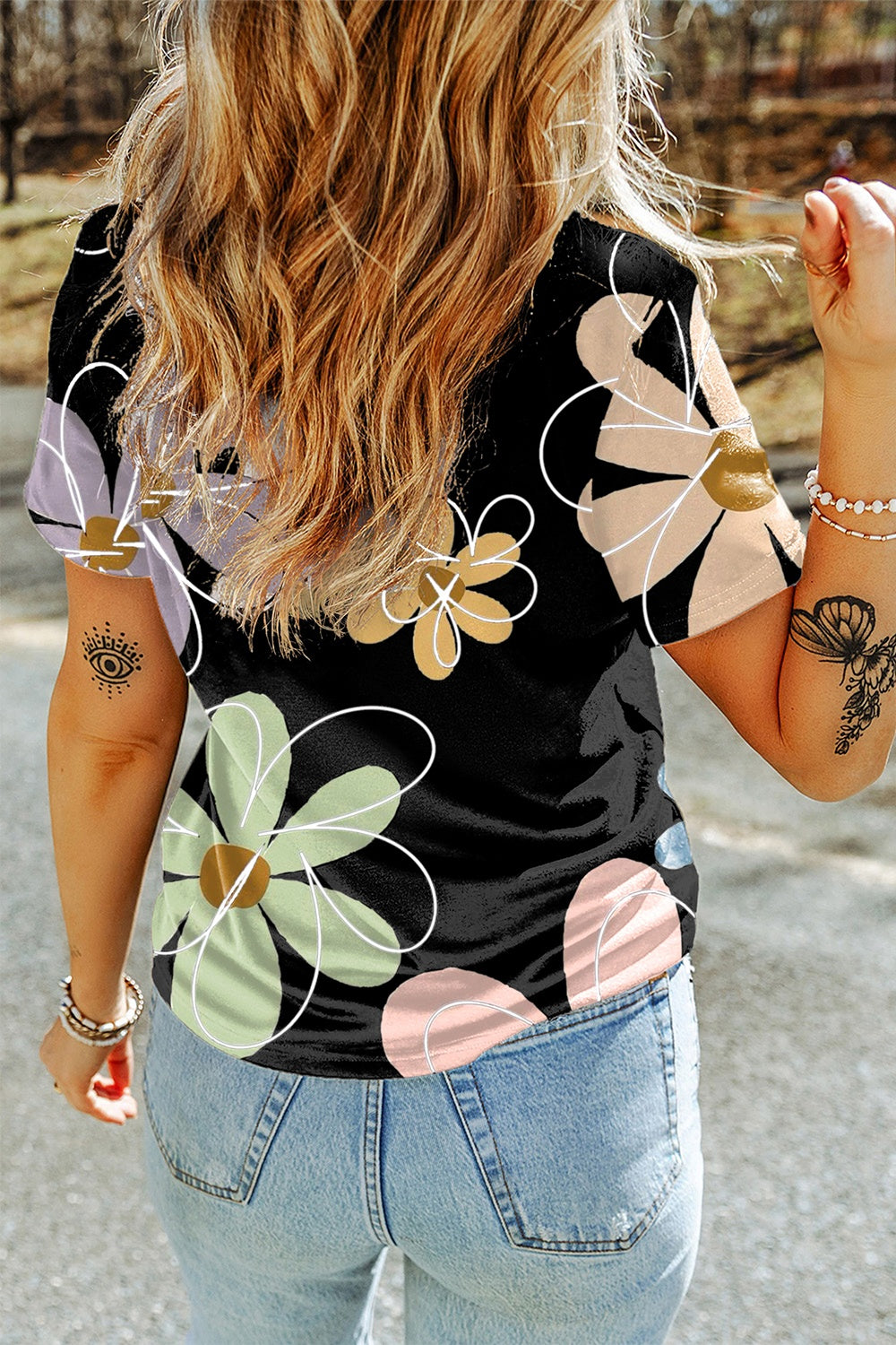 Flower Round Neck Short Sleeve T-Shirt