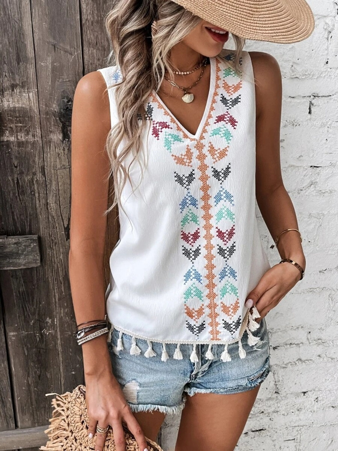 Tassel Printed V-Neck Tank