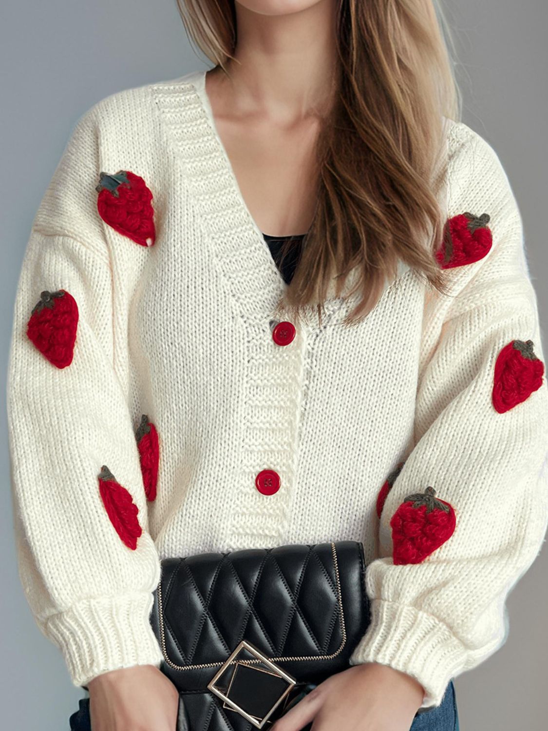 Crochet Strawberry V-Neck Long Sleeve Cardigan