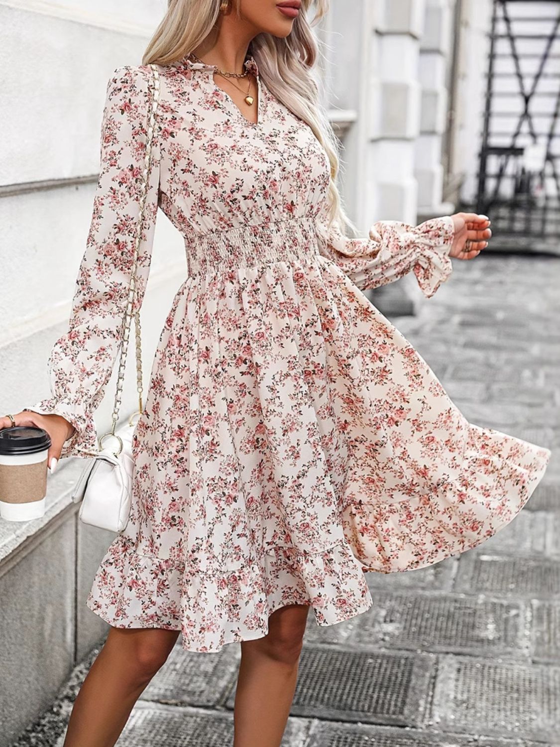 Ruffle Hem Floral Surplice Long Sleeve Dress