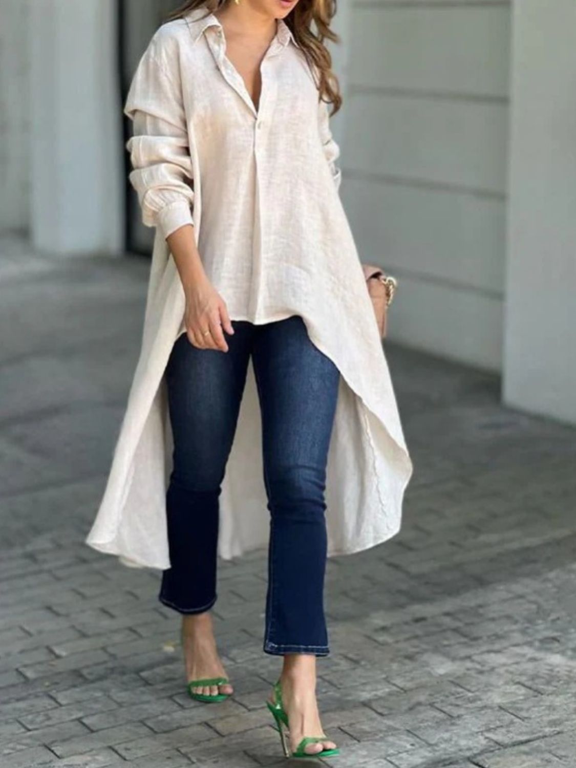 Full Size High-Low Collared Neck Long Sleeve Shirt