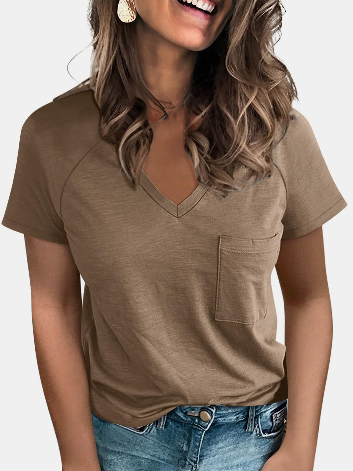 Full Size Pocketed V-Neck Short Sleeve T-Shirt
