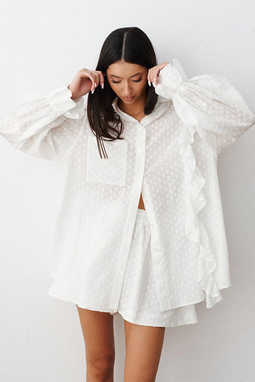 Ruffled Dot Applique Collared Neck Top and Shorts Set