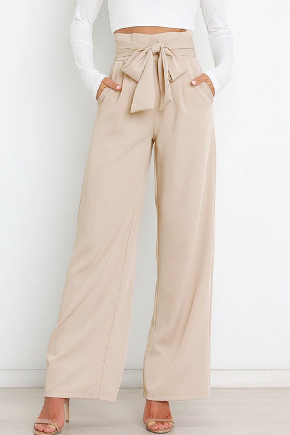 Women's Tie Front Paperbag Wide Leg Pants