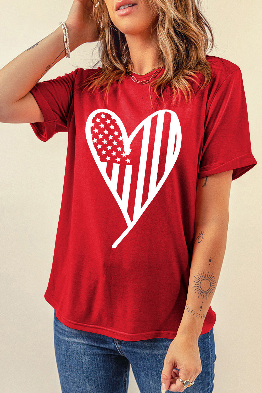 Full Size Heart Round Neck Short Sleeve T-Shirt