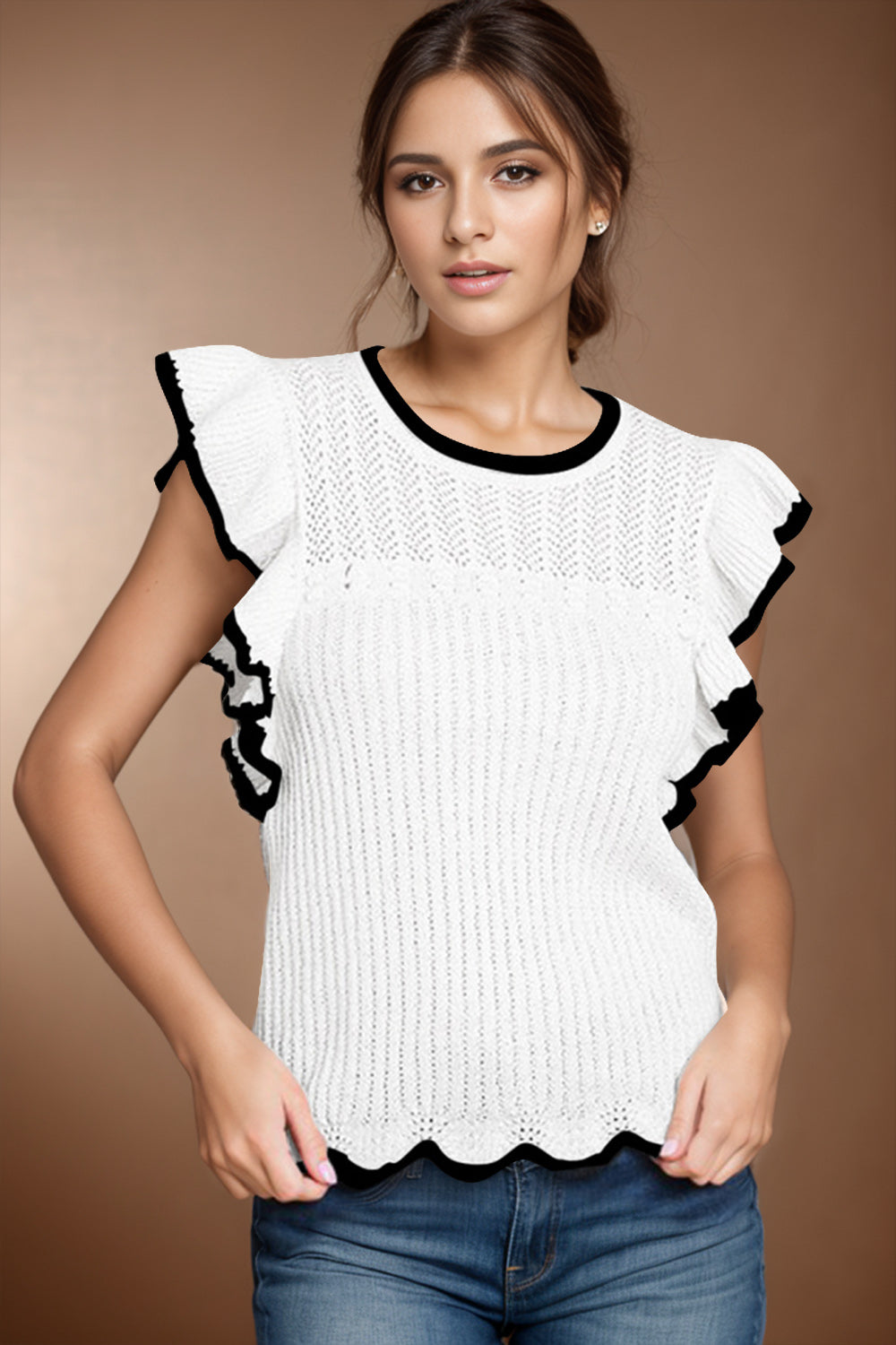 Ruffled Round Neck Cap Sleeve Knit Top