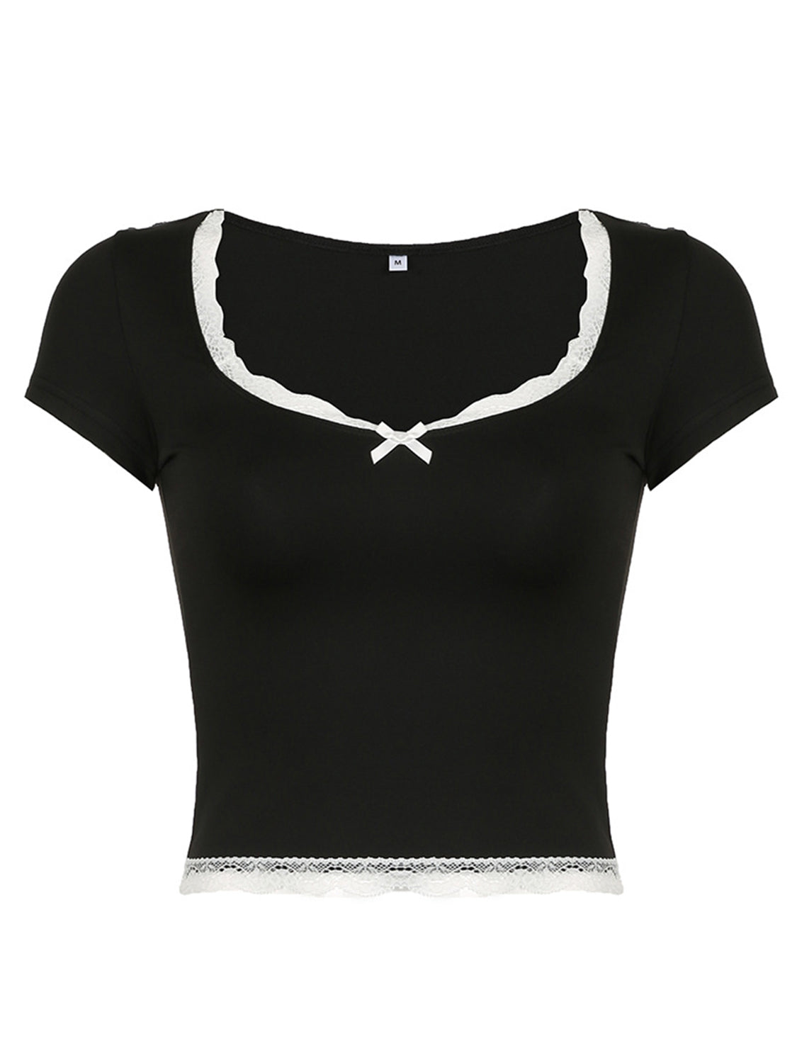 Lace Detail Sweetheart Neck Short Sleeve T-Shirt