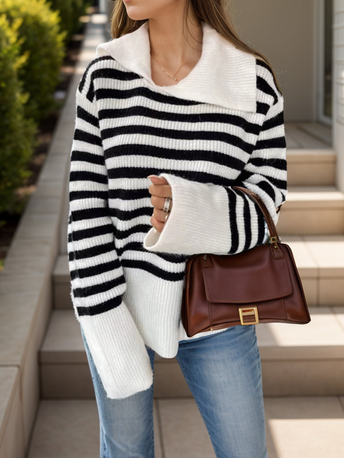 Striped Collared Neck Long Sleeve Sweater