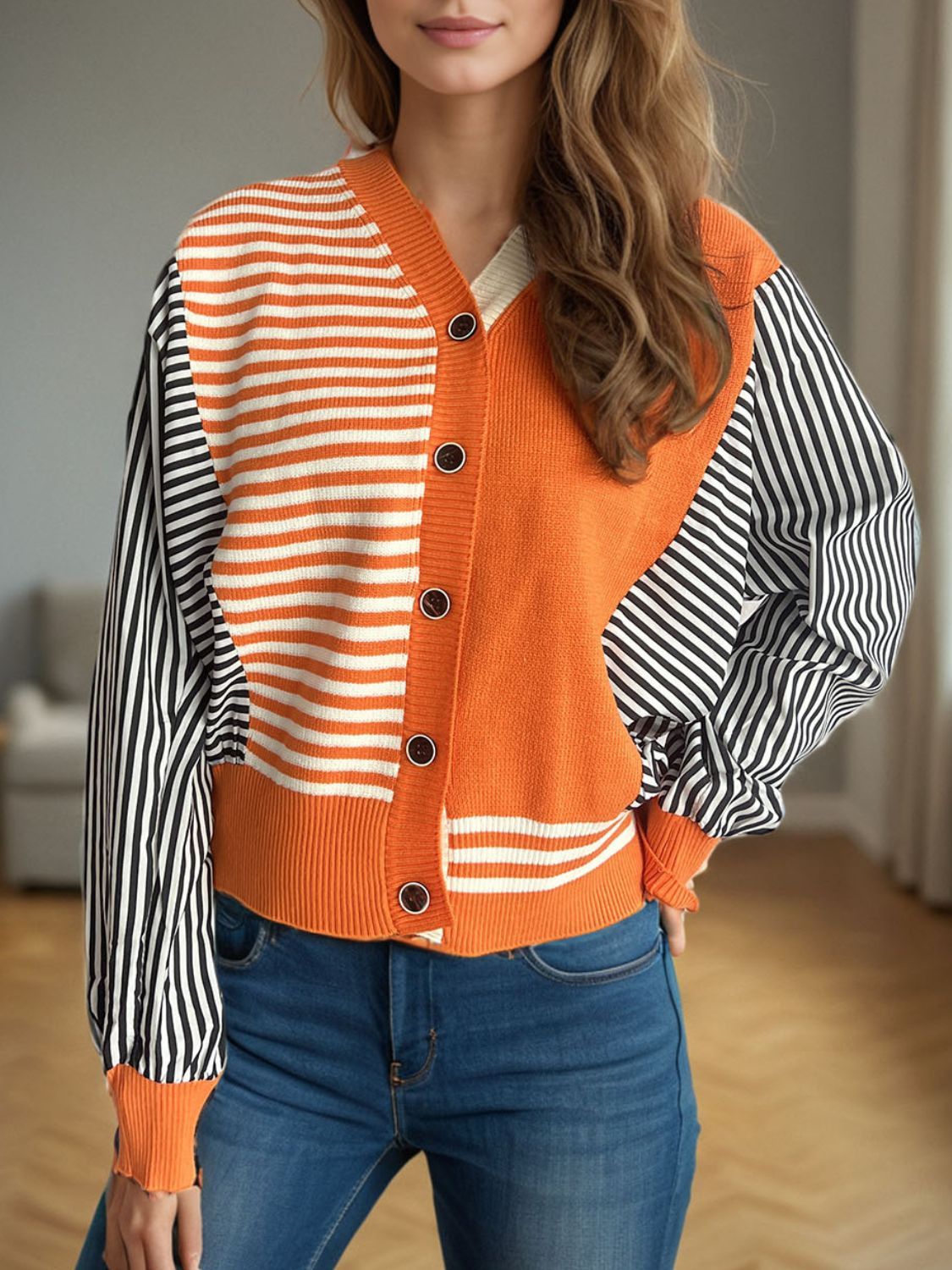 Striped Button Down Long Sleeve Cardigan