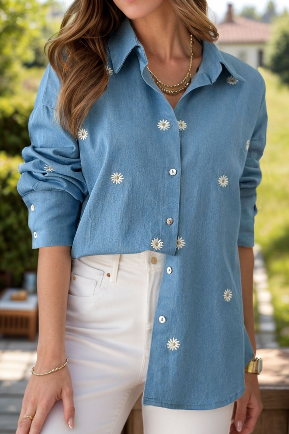 Embroidered Daisy Collared Neck Long Sleeve Shirt