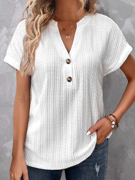 Full Size Textured Notched Short Sleeve Blouse