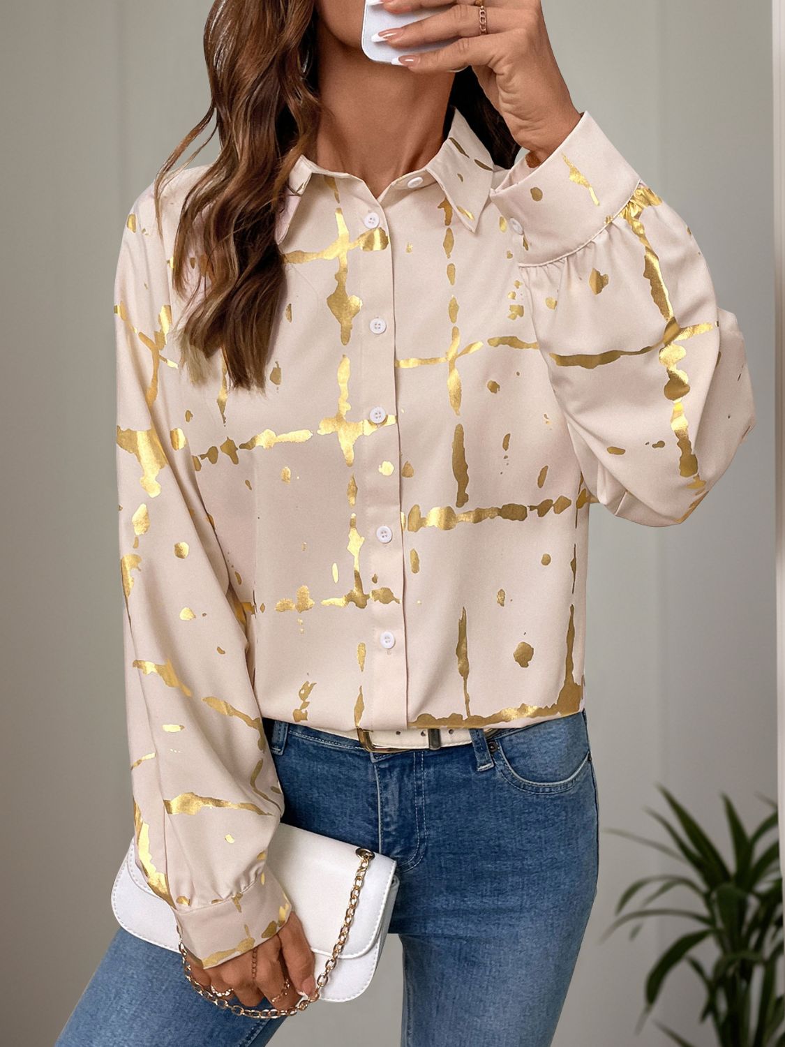 Perfee Printed Collared Neck Long Sleeve Shirt