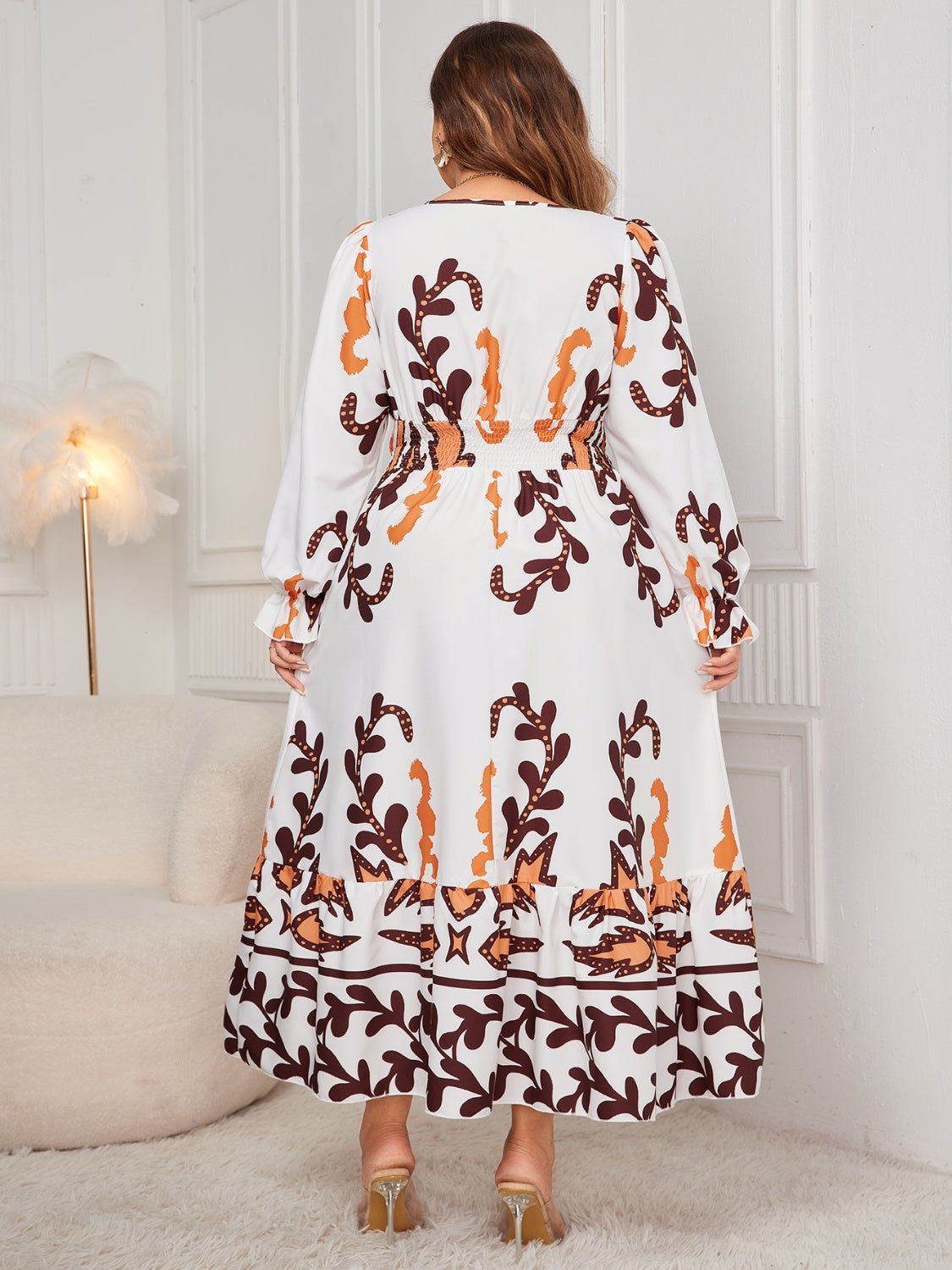 Plus Size Printed Surplice White Flounce Sleeve Dress