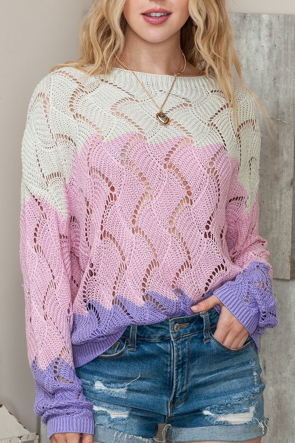 Color Block Hollow Boat Neck Sweater