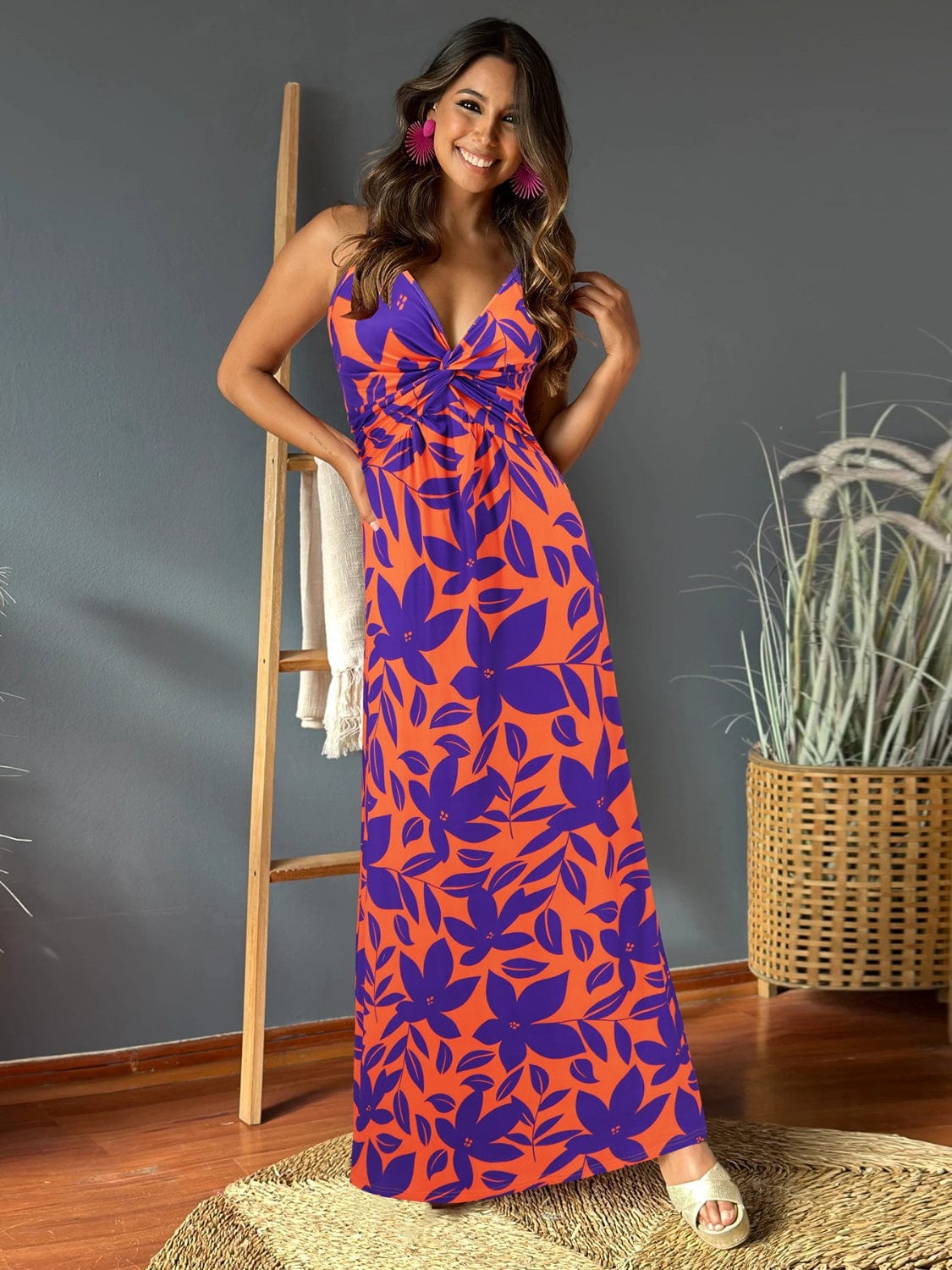 Full Size Twisted Printed V-Neck Cami Dress