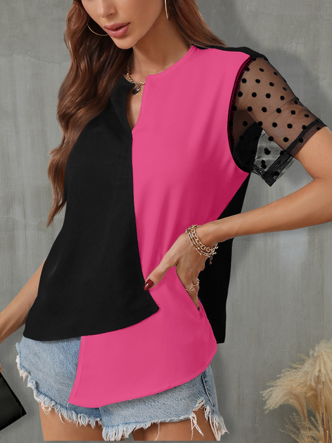 Color Block Notched Short Sleeve T-Shirt