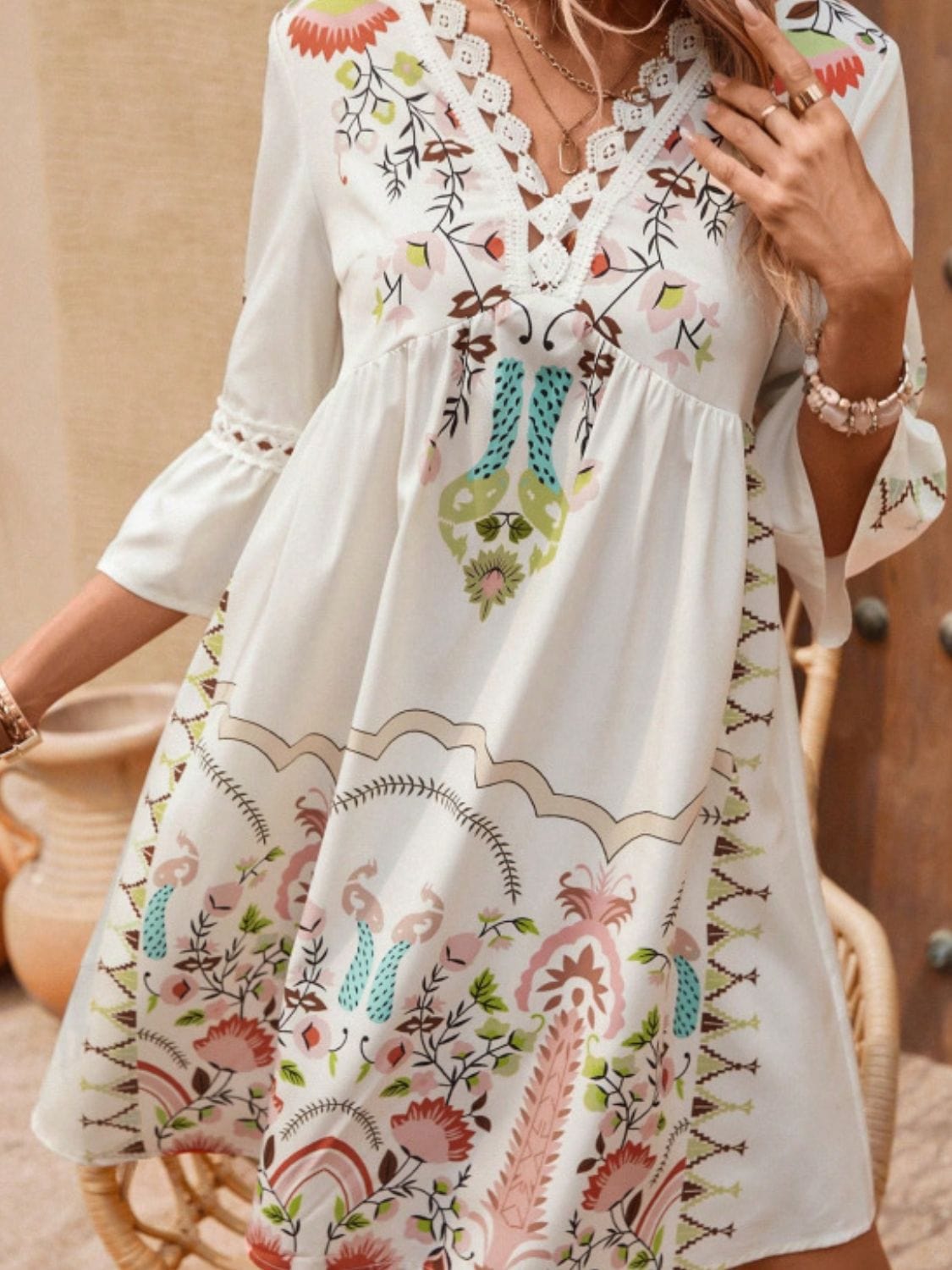 Lace Detail Printed Three-Quarter Sleeve Dress