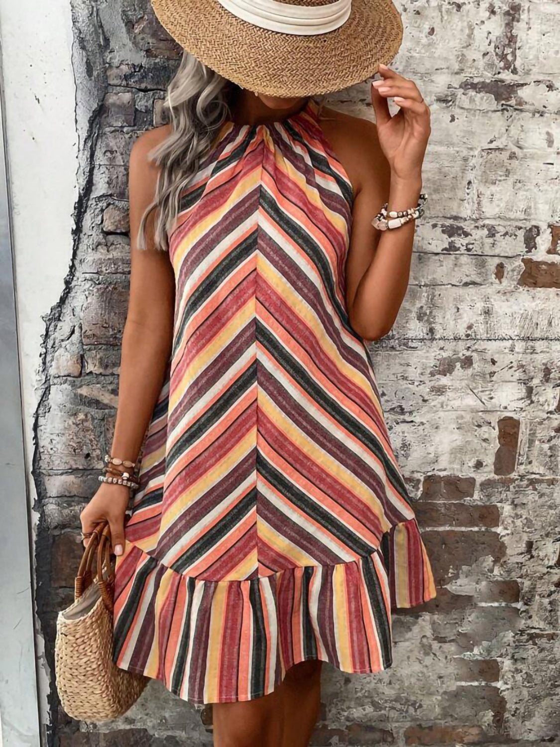 Striped Grecian Neck Mini Dress