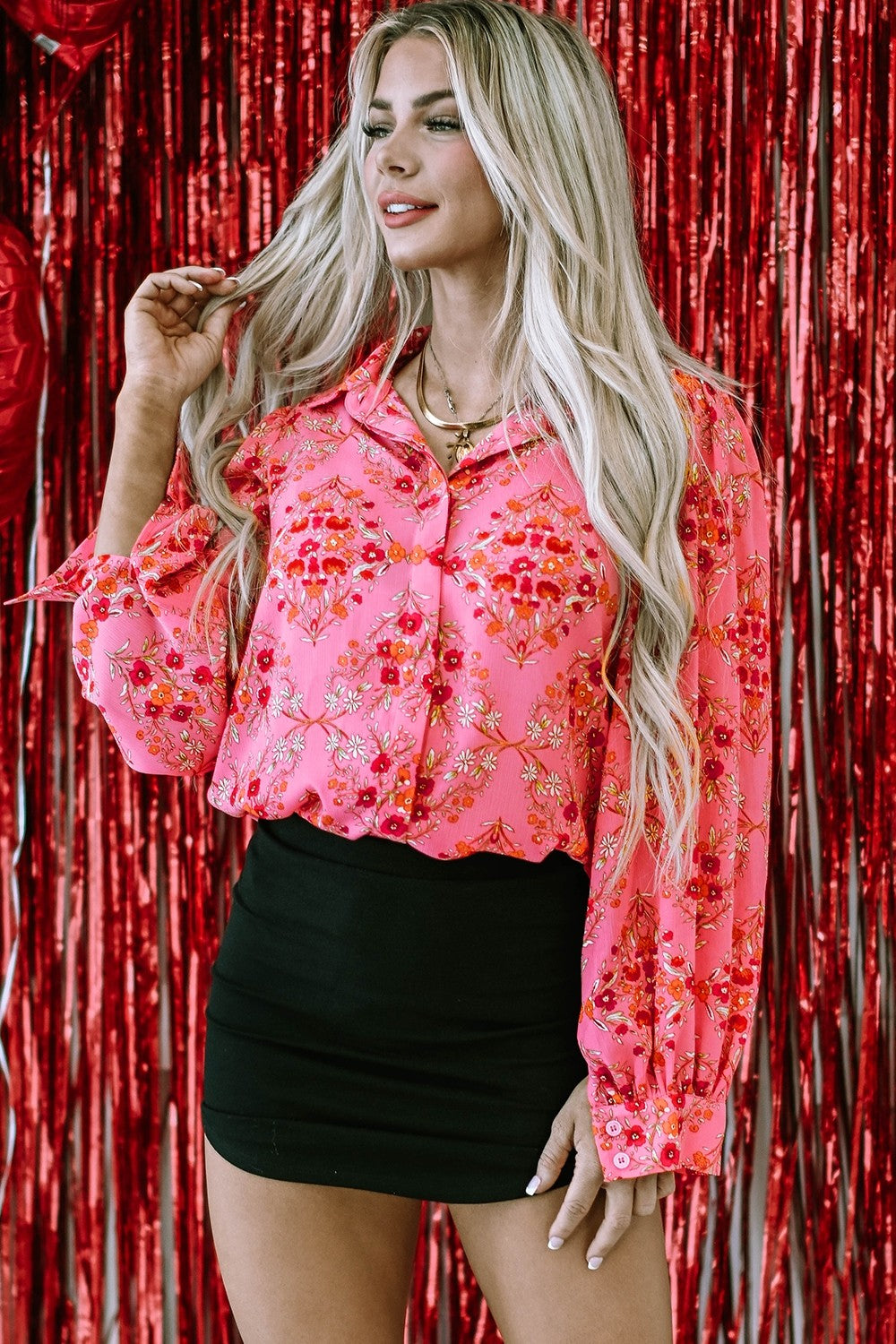 Coral Ditsy Floral Collared Neck Shirt