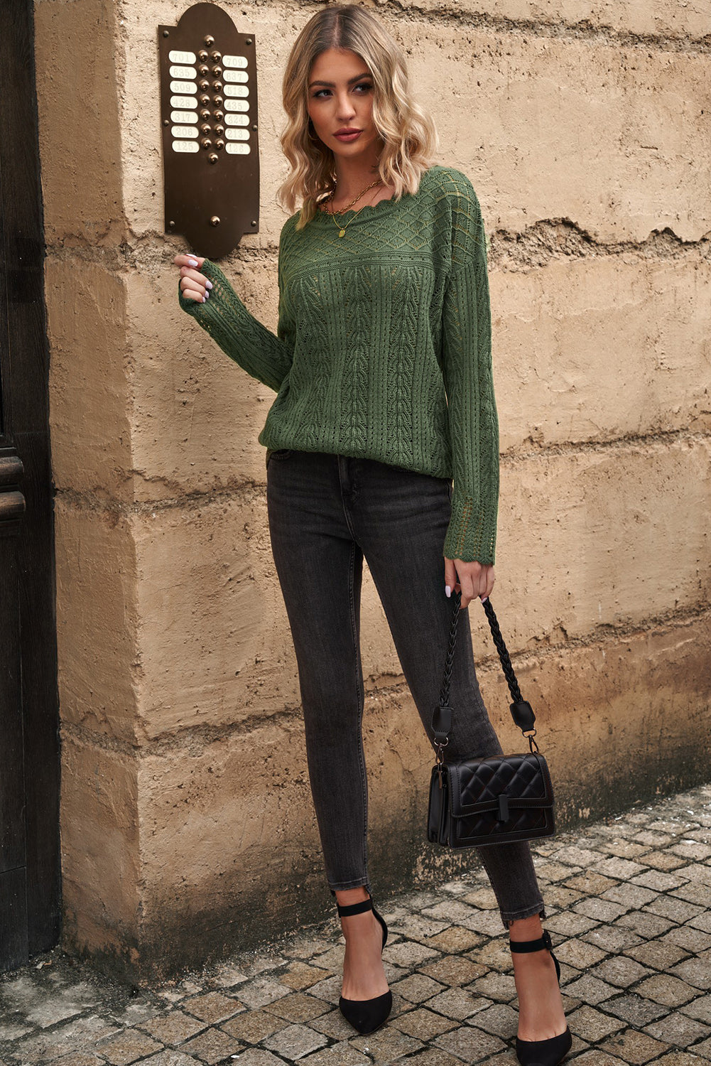 Openwork Round Neck Long Sleeve Knit Top