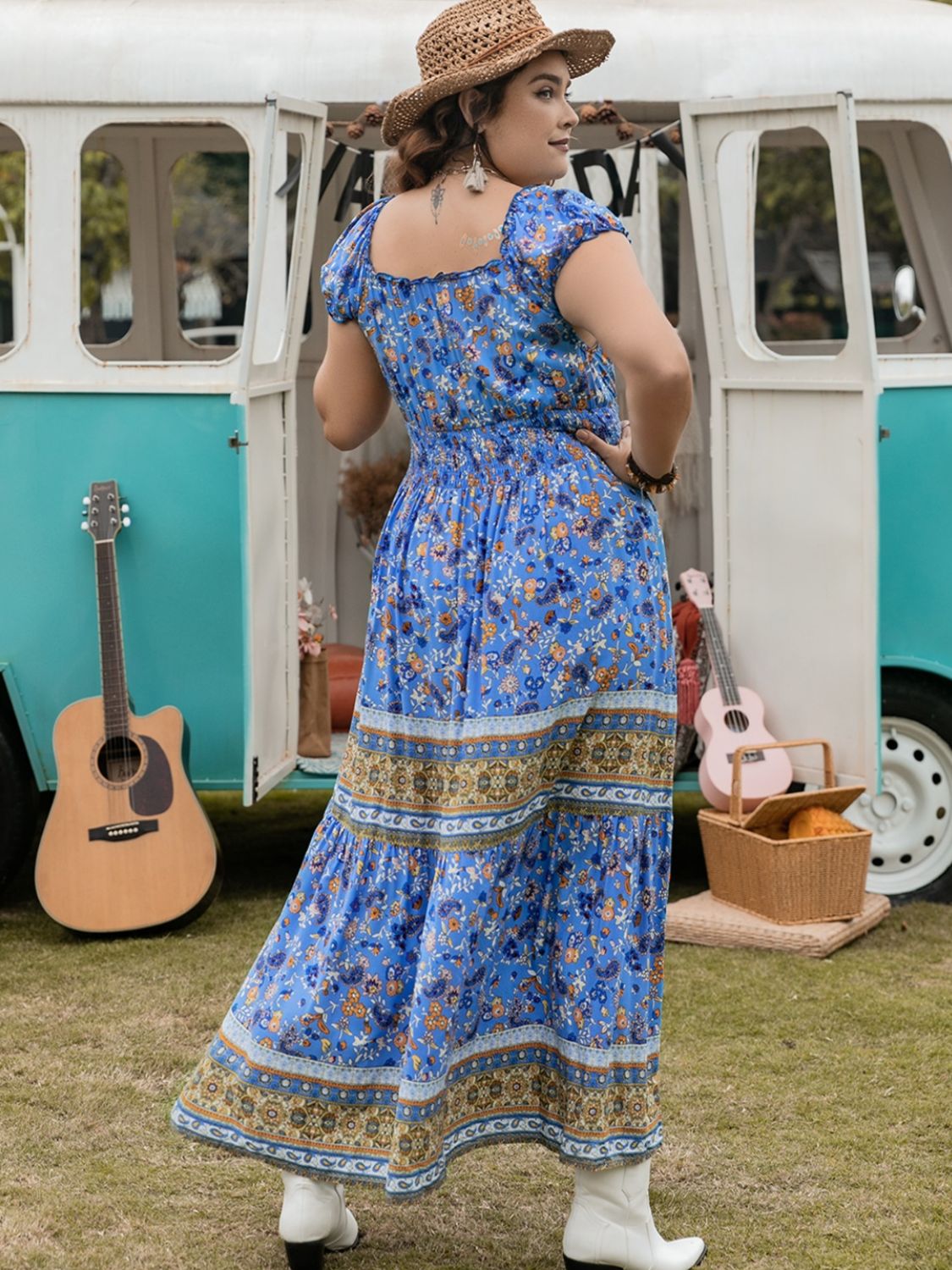 Plus Size Smocked Printed Blue Cap Sleeve Dress