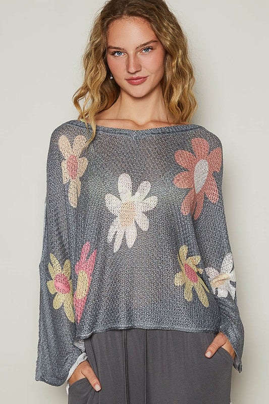 POL Flower Dropped Shoulder Long Sleeve Knit Top