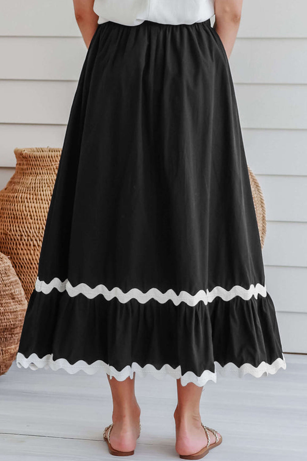 Black Contrast Trim Elastic Waist Skirt