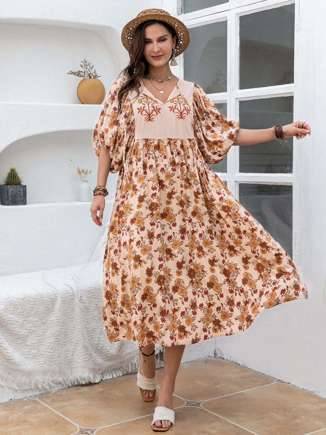 Plus Size Floral Printed Tie Neck Half Sleeve Midi Dress