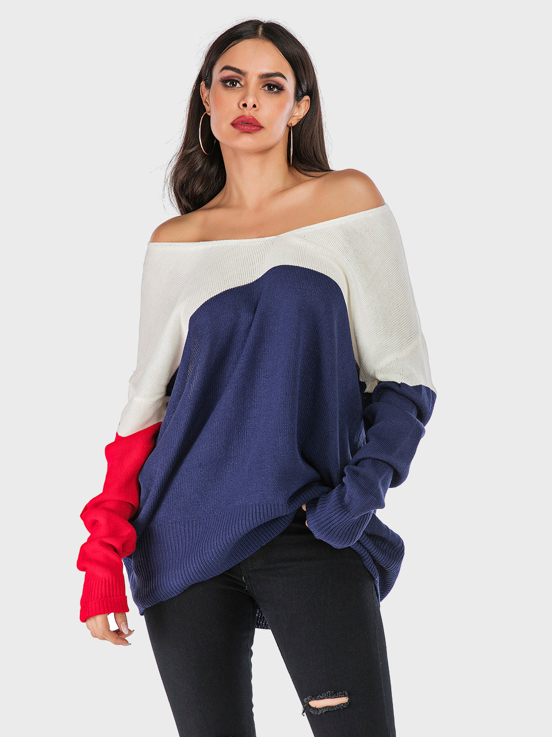 Perfee Contrast V-Neck Long Sleeve Knit Top