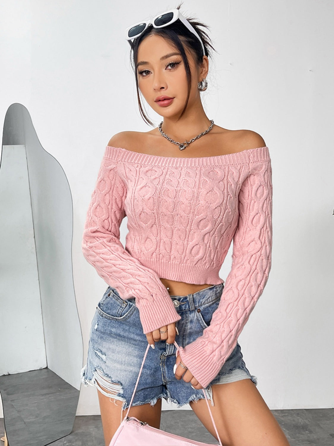 Cable-Knit Off-Shoulder Long Sleeve Knit Top