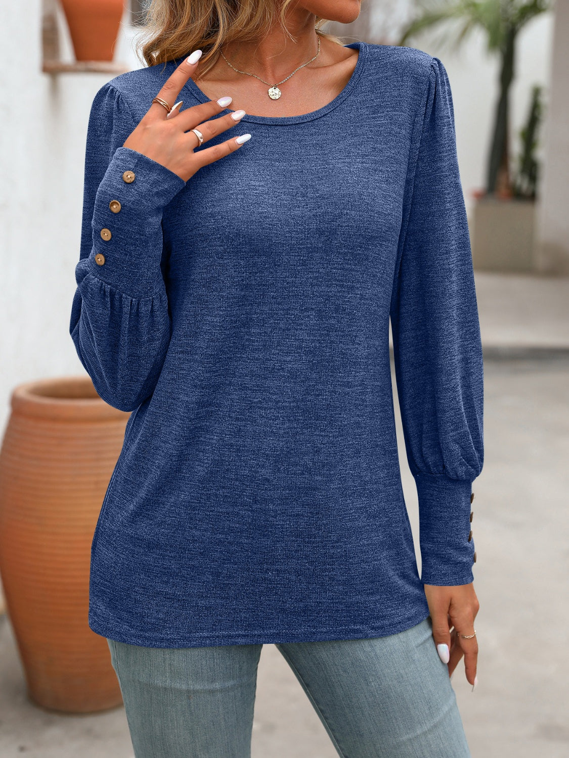 Full Size Decorative Button Round Neck Long Sleeve T-Shirt