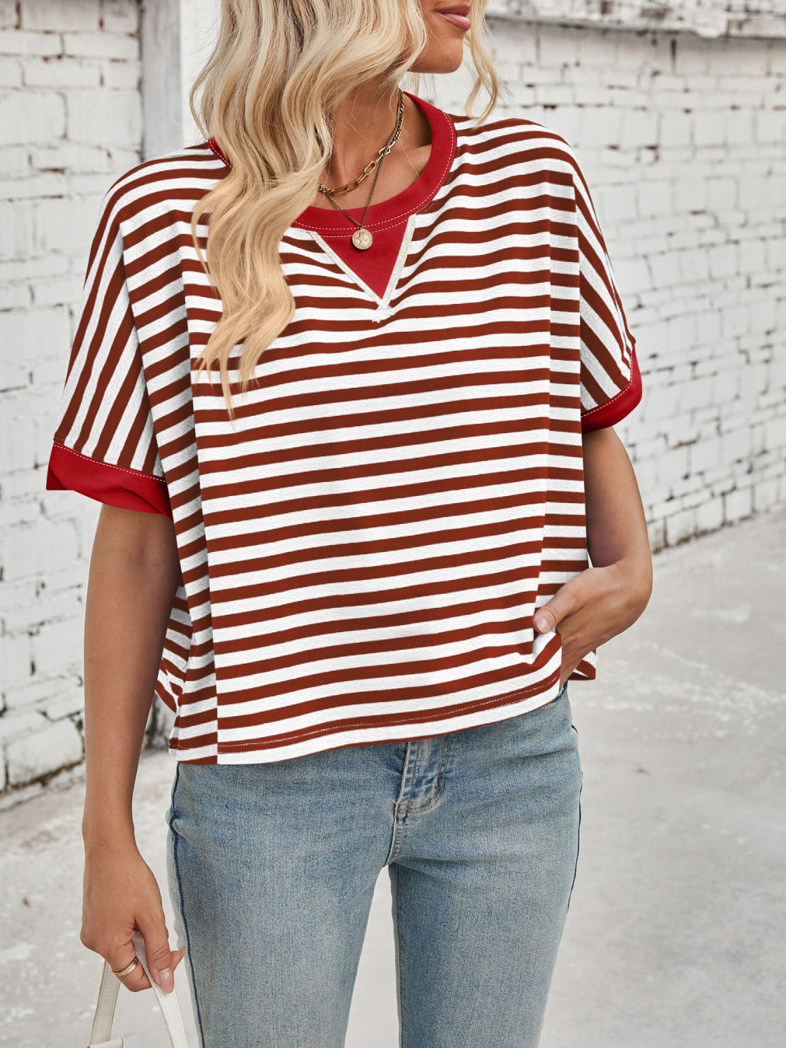 Lovelet Striped Round Neck Short Sleeve T-Shirt