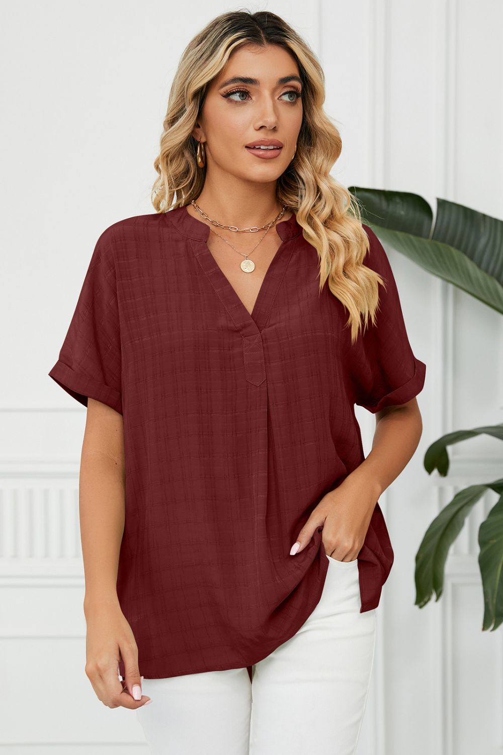 Full Size Side Slit Notched Neck Cuffed Short Sleeve Blouse