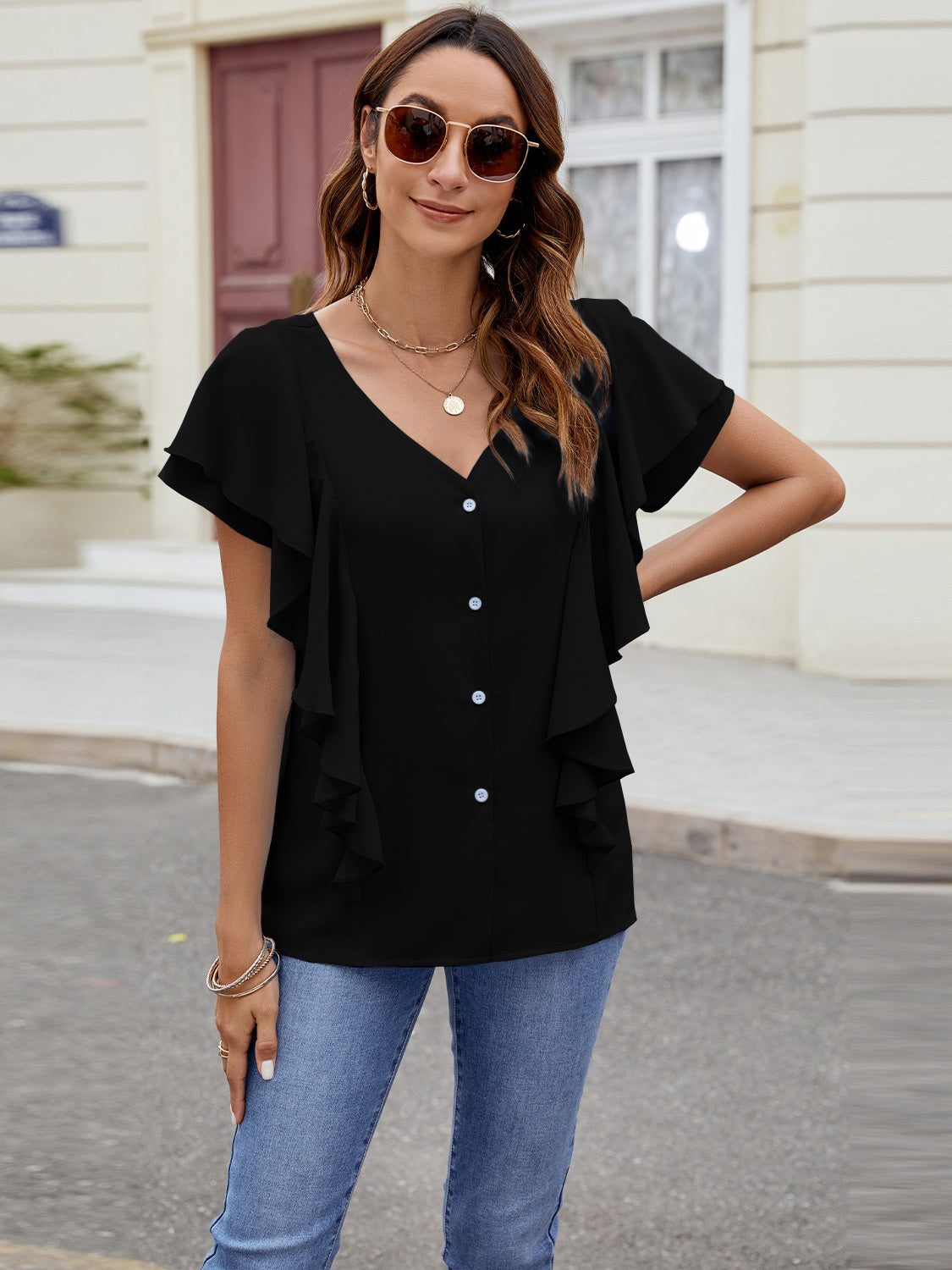 Full Size Ruffled V-Neck Short Sleeve Top