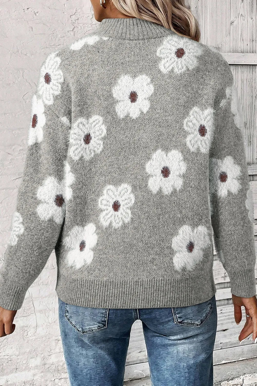 Full Size Flower Half Zip Long Sleeve Sweater