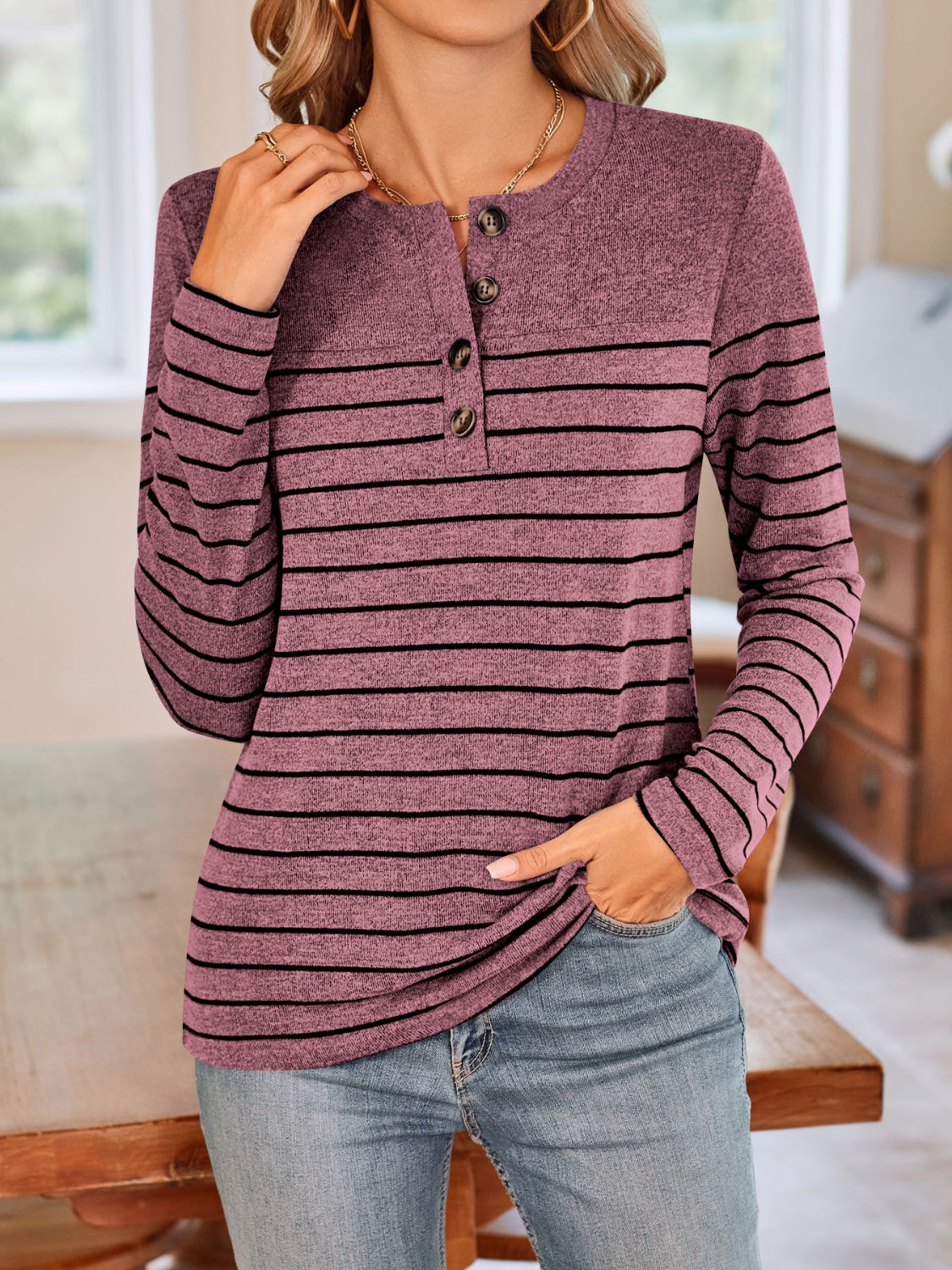 Quarter Button Striped Round Neck Long Sleeve T-Shirt