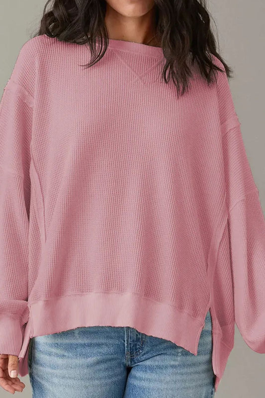 Slit Waffle-Knit Round Neck Long Sleeve Top