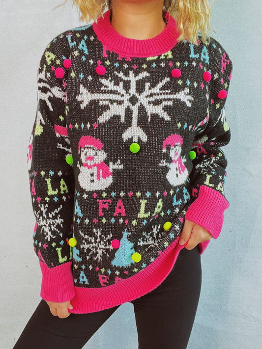 Snowman Contrast Trim Round Neck Sweater