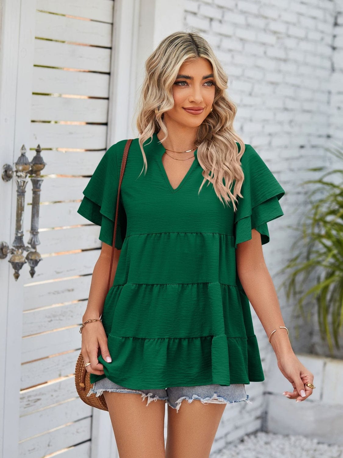 Full Size Tiered Notched Short Sleeve Blouse